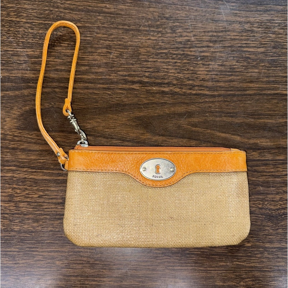 Fossil‎ Brown Coated Canvas Leather Trim Zipper Wristlet Coin Wallet